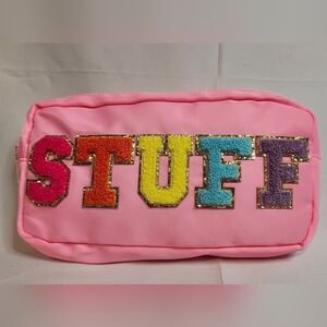 STUFF Pink Plush Chenille Letter Pouch Bag Zipper Preppy Colorful Makeup School‎
